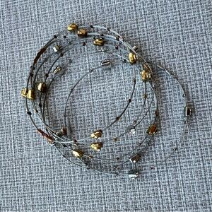 Seasonal whispers 6 Piece Stacking Bracelets Silver Piano Wire W Gold Bezel CZ
